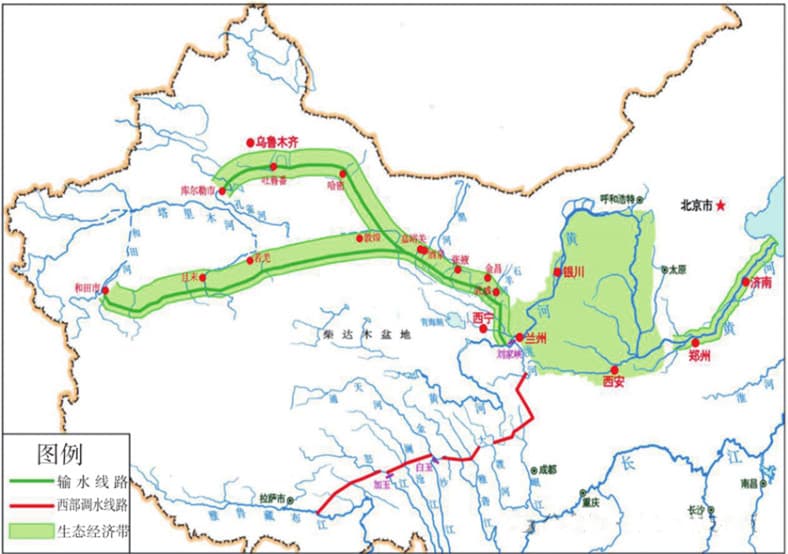 圖2 南水北調(diào)西線工程線路圖（輸水線路西部調(diào)水線路生態(tài)經(jīng)濟帶示意圖）.jpg