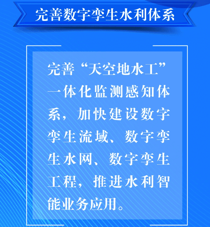 四、要完善數(shù)字孿生水利體系。完善“天空地水工”一體化監(jiān)測(cè)感知體系，加快建設(shè)數(shù)字孿生流域、數(shù)字孿生水網(wǎng)、數(shù)字孿生工程，推進(jìn)水利智能業(yè)務(wù)應(yīng)用。.png