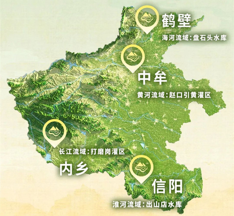 黃河流域趙口引黃灌區(qū)、淮河流域出山店水庫、海河流域盤石頭水庫、長(zhǎng)江流域打磨崗灌區(qū)分布位置圖，讓我們一起走進(jìn)這四大流域的水庫灌區(qū)，見證我國中原糧倉背后的“水利力量”。.jpg